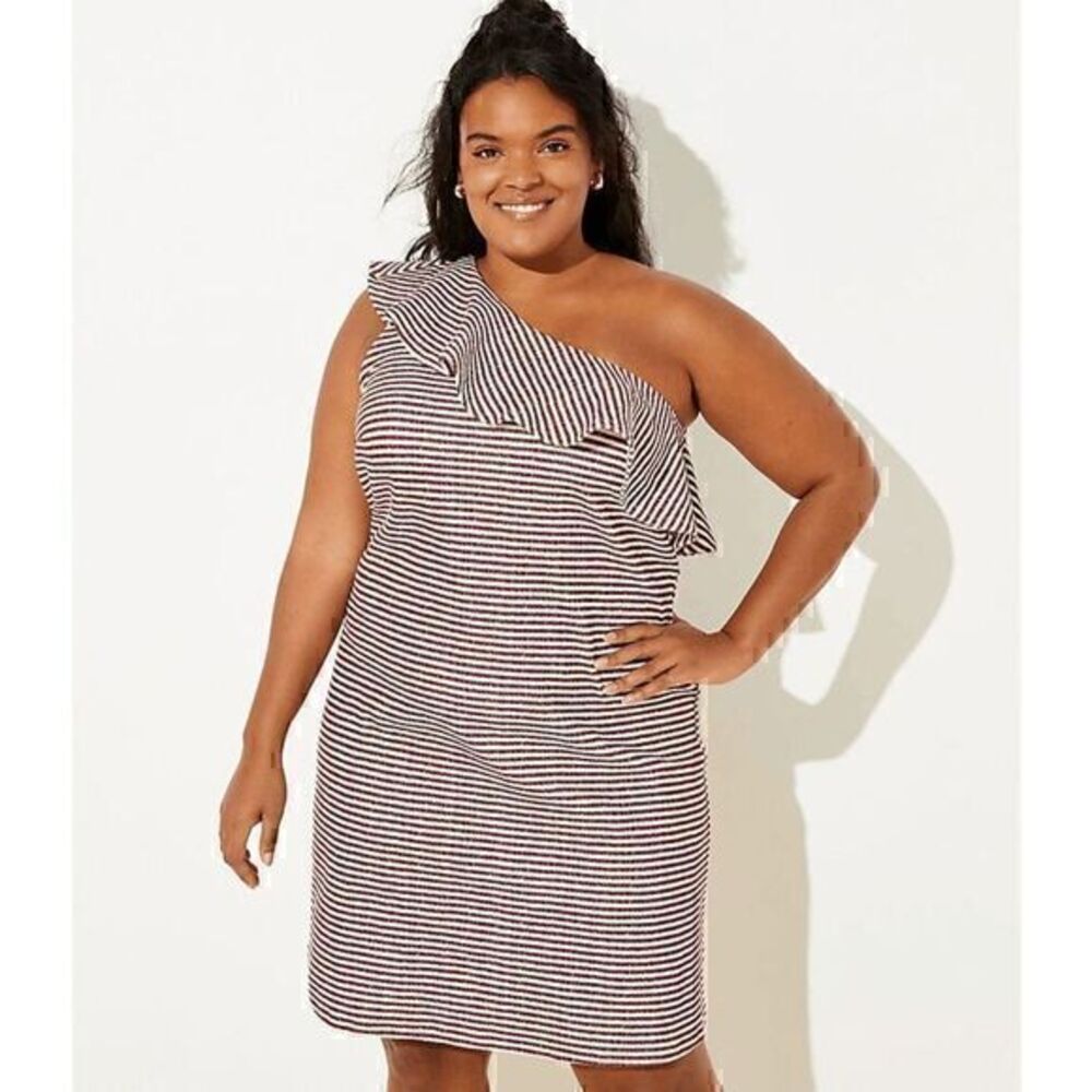 Loft Womens Maroon White Striped Ruffle One Shoulder Plus Size Dress Size 16